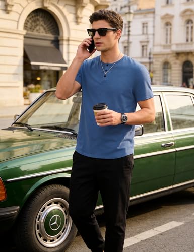 iClosam Men's Short-Sleeved Henley T-Shirt, Slim Fit Elastic Cotton, Basic Casual for Summer, Daily and Going Out with Plain Style