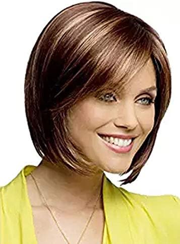 MILISI Short Straight Bob Wigs for White Women Brown Synthetic Hair Natural Daily Full Wigs with Free Wig Cap