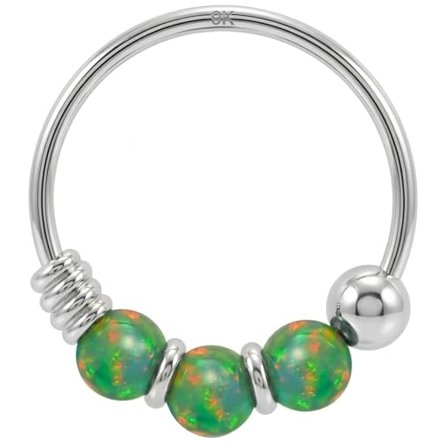 AZARIO LONDON 9K Solid White Gold Triple Green Opal Bead 22 Gauge Hoop Nose Ring Nose Piercing Jewellery — image 1
