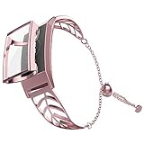 UMTELE Band Compatible with Fitbit Charge 3 Leaf Shape Stainless Steel Bracelet Women Replacement Band with Full Cover Screen Protector Case for Fitbit Charge 3 & Charge 3 SE (Pinkgold)