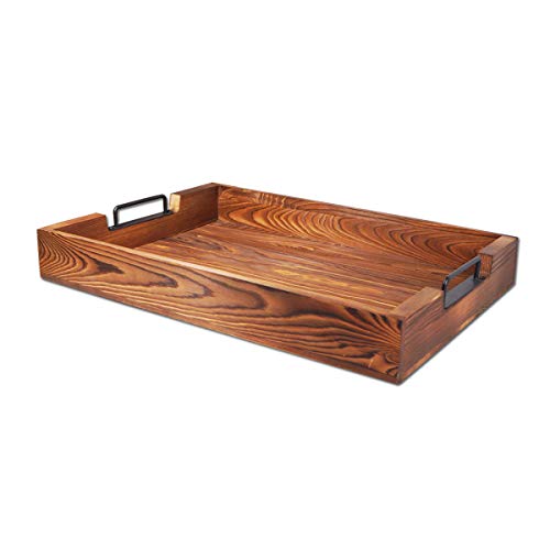 Rustic Large Tray with Handles 20-Inch, Wooden Serving Trays, Distressed Torched Wood Tray, Farmhouse Wood Butler Platters for Serve Breakfast, Appetizer, Coffee, Bar, Food, Party