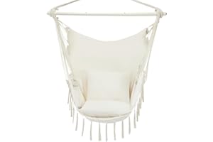 PNAEUT Hammock Swing Hanging Chair with Handmade Tassels, Max 550 Lbs, Large Macrame Hanging Chair with Pocket, Cotton Weave for Superior Comfort, Durability (Cream)
