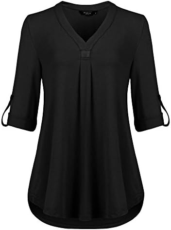 Ortilerri V Neck Roll-up 3/4 Sleeves Blouse Tops for Women