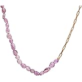 Gempires Natural Gemstone Beaded Necklace With Curb Paper Clip Chain Half Beads Half Chain Choker Jewelry Hypoallergenic Gold Plated Handmade Jewelry Gift For Her