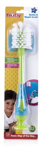Nuby 2-in-1 Baby Bottle Brush with Stand - Soft Nylon Bristles - Dishwasher Safe - Bottle and Nipple Cleaning Tool - Aqua/White