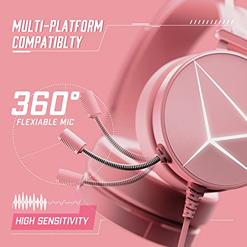 Pink Gaming Headset for PC, Xbox One Headset with Detachable Cat Ear Headphones, PS4 Headset
