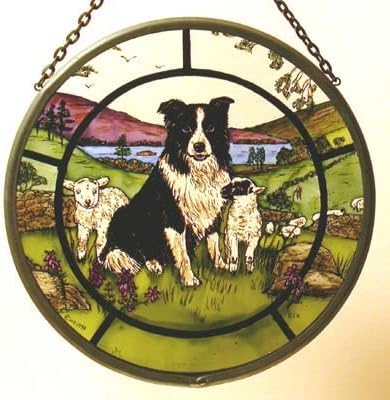 Winged Heart Decorative Hand Printed Stained Glass Window Sun Catcher/Roundel in a Collie Dog and Lambs Design.
