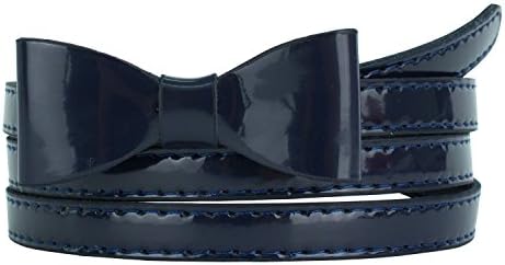 Womens Stylish Faux Patent Leather Skinny Belt with Mini Bow Accent
