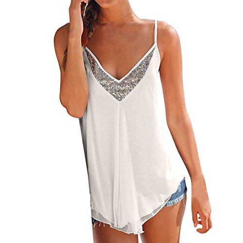 Elaco Women Tank Tops, Womens Sequins V Neck Chiffon Vest T-Shirt Ladies Summer Blouse (White, XL)
