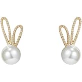 Rabbit Pearl Small Earrings Gold Plated Charm Easter Bunny Animal Pet Chic Crystal Cubic Zirconia Stud Earrings for Women Minimalist Birthday Festival Party Spring Holiday Jewelry Gifts