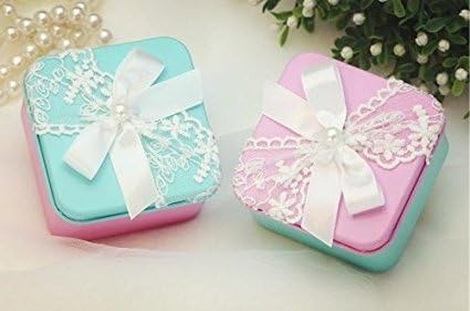 6pcs Candy Boxes with White Lace and Ribbon for Gender Reveal Party Baby Shower Decorations, Square Shape