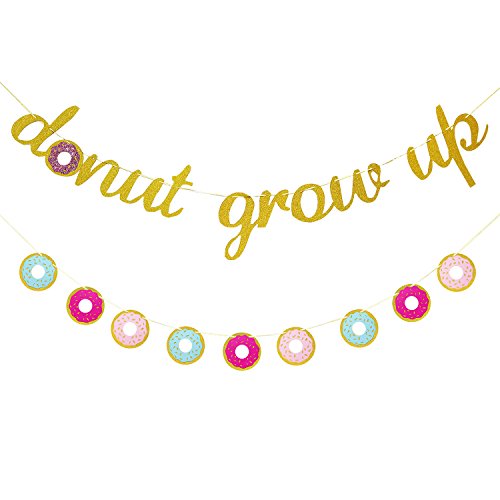 Donut Grow up Party Supplies | Donut Grow up Birthday Banner Gold Glittery | Donut Banner Garland | Donut Grow up Party Decorations | Donut Theme Party Supplies