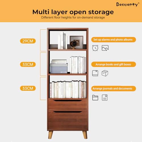 Beauenty Display Book Shelf, Floor Standing Bookcase Storage Unit, 3-Tier Open Shelf with 1 Drawer and 1 Door Cabinet, Wooden Storage Rack for Living Room, Home Office (Walnut)