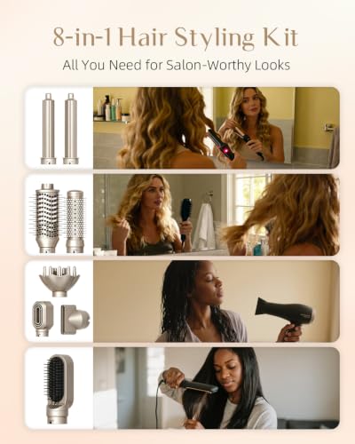 RUCHA Foldable 8 in 1 Hair Styler & Hot Air Styler, 110,000 RPM High Speed Hair Dryer Brush, Air Curler for Hair, Negative Ion Hot Air Bursh for Frizz-Free Styling Curling Fast Drying Straightening Volumizing