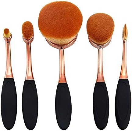 Elfstore Oval Makeup Brush Set (Black Rose Gold) Professional Foundation Contour Blush Concealer Eyebrow Eyeliner Blending Cosmetics Brushes Toothbrush Makeup Brushes (5 Pcs Brush Set)
