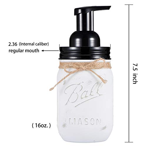 Mason Jar Foaming Soap Dispenser - with 16 Ounce Painted Ball Mason Jar for Bathroom Vanities,Kitchen Sink,Countertops - Made from Rust Proof Stainless Steel Lid and BPA Free Pump / White,2-Pack