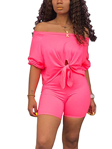 Two Piece Outfits for Women - Sexy Long Sleeve Crop Tops + Skinny Shorts Tracksuit X-Large Pink