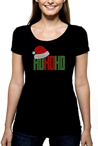 HO HO HO RHINESTONE T-Shirt Shirt Tee Bling - Hat Merry Christmas Santa Hat Holiday Xmas Party Get Together Season Joy Laugh Jolly St Nick Nicholas - Pick Shirt Style - Scoop Neck V-Neck Crew Neck
