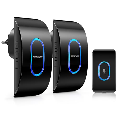 TECKNET Waterproof Outdoor Wireless Doorbell with 2 Receivers, 400 m Range, IP65 Waterproof Chime, 60 Melodies and 5 Levels Volume, Blue LED Indicator, for Home, Hotel – Black