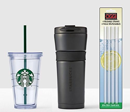 Starbucks Coffee Cold Cup 16oz and Black Stainless Tumbler 16oz Bundle with Oggi Acrylic Straws Cups Straw Spillproof spill proof mug