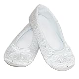 ISOTONER Women's Rose Quilted Satin Ballerina Slippers with Rhinestones