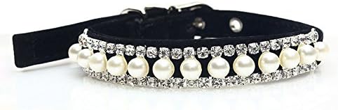 WZPB Adjustable dog necklace Cat Necklace Collar Soft Velvet Pearl &amp; Crystal With Bells (S(11 inch), Black)