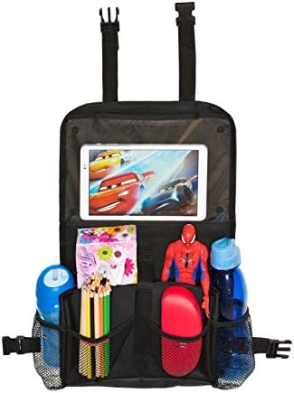 Kids Car Seat Organiser with Holder for Any Size Tablet and 5 Storage Pockets - Doubles as a Back Seat Kick Mat for Children - NOT CHINA MADE PRODUCT