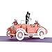 CUTE POPUP - Anniversary Card with Bride and Groom in Wedding Car Design, Valentines Day Card, Thinking of You Card, Birthday Card, Surprising Present for Couple, Wife and Husband