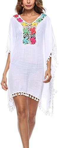 Joliment Women's Swimwear Beach Cover Up Floral Print Fringed Tassels Loose Outerwear Dress (White, One Size)