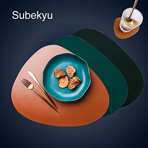 SUBEKYU Faux Leather Placemats and Coasters Set, Washable Round Table Mat, Waterproof Coffee Mats, Heat-Resistant Place Mat for Kitchen Dining Table (Brown) - Thumbnail 5