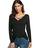 Halife Womens Strappy Cross Front Deep V/Round Neck Open Back V Tees T Shirts