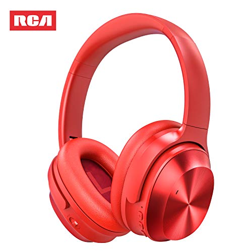 Active Noise Canceling Headphones, RCA Bluetooth 5.0 Headphones Over Ear Wireless Headphones with Mic, Foldable Soft Protein Earpads, 25Hrs Playtime for Travel Work TV PC Cellphone（Red）