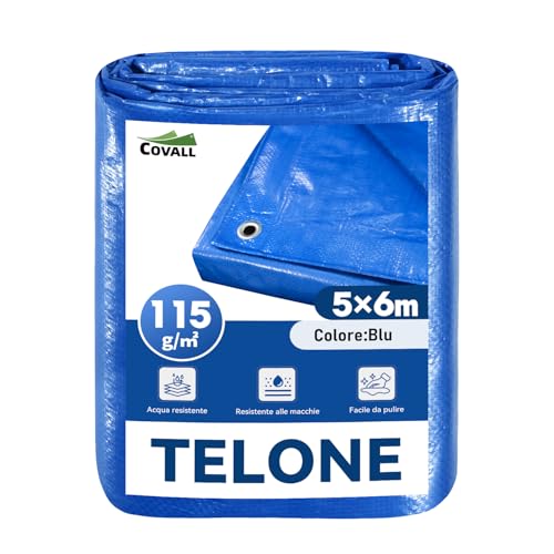 COVALL Blue Tarpaulin 5 x 6 m 115 g/m² Tear-resistant Waterproof Tarpaulin for Heavy Loads with Eyelets for Camping, Garden, Roof Cover and Warehouse