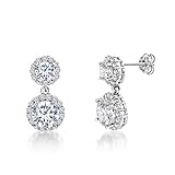 MIA SARINE Round Double Halo Cubic Zirconia Stud Drop Earrings for Women in Rhodium Plated Brass