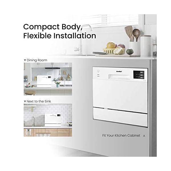COMFEE-Table-Top-Compact-Dishwasher-TD602E-W-Mini-Dishwasher-with-6-Place-Settings-6-Programmes-LED-Display-Delay-Start-and-Off-peak-Wash-Function-White COMFEE' KWH-TD602E-W Freestanding Compact Dishwasher, LED display, 6.5 liters, White, Noise level: decibels 47