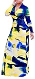 Women Sexy Printed V Neck Long Sleeve Drawstring Cocktail Party Long Maxi Dress