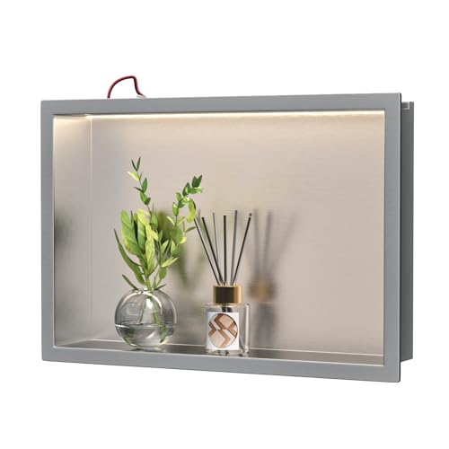 Bernkot Wall Mounted Stainless Steel Shower with LED, Recessed Shower Shelf, Double Layer, Niche for Bathroom, 60 x 30 cm, Tile Free, Black