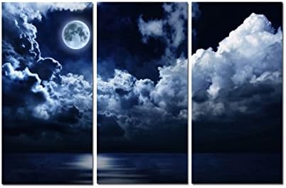Decor Well Moon Rising on Sea Level Picture to Canvas Wall Art Set of 3, Ready to Hang