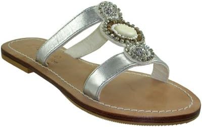 Skemo Votka Women's T Strap Jeweled Flat Leather Sandals (10, Silver)
