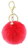 Key Chain Accessories for Women - Red Faux Fur Ball Charm and Artificial Pearl with Key Ring