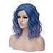 Mildiso Blue Wigs for Women Short Curly Wavy Bob Wig Ombre Blue Hair Wig with Wig Caps Cute Colorful Synthetic Wig Perfect for Daily Party M004B