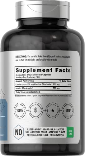 Horbaach Choline Inositol 1000 Mg, Sin Omg, Suplemento Sin Gluten - 200 Cápsulas