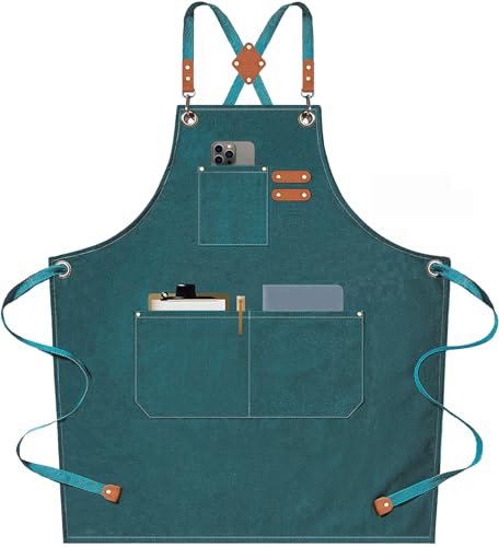AFUN Chef Aprons for Men Women with Large Pockets, Cotton Canvas Cross Back Heavy Duty Adjustable Work Apron, Size M to XXL (Dark Green)