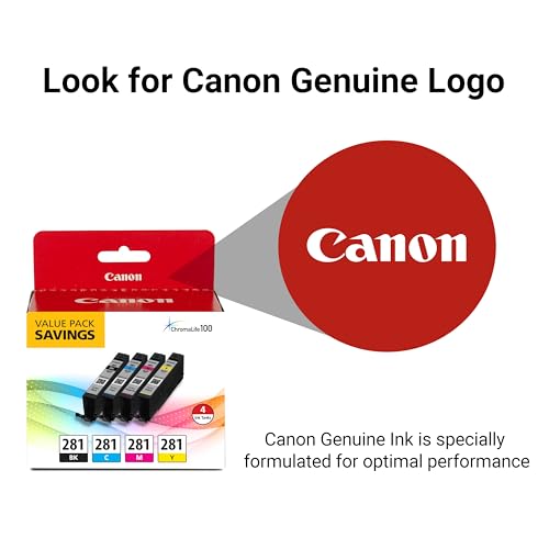Canon CLI-281 Black, Cyan, Magenta and Yellow 4 Ink Pack, Compatible to TR8520, TR8620 Series, TS9120, and TS6210 Printers