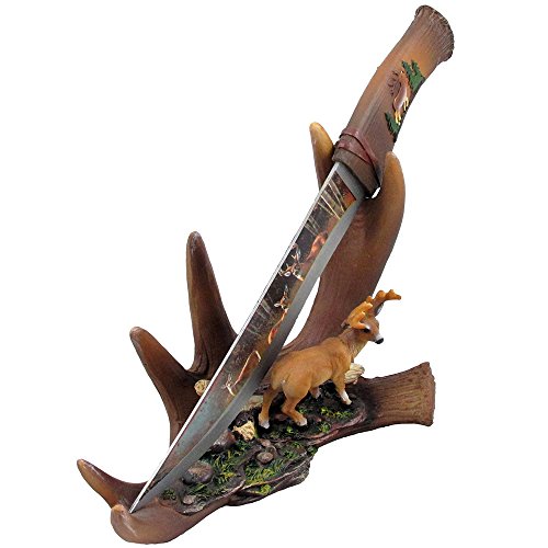 Buck Display Knife on Antler Stand with Deer Figurine and Stainless Steel Blade for Rustic Cabin & Lodge Decor Sculptures for Statues and Decorative Hunting Knives or Daggers As Gifts for Hunters and Outdoorsmen
