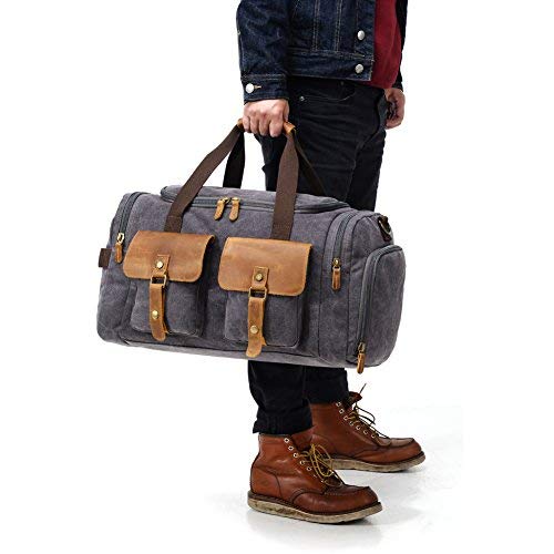 Kemy's Canvas Duffle Bag for Mens Women Oversized Overnight Bags Weekend Travel Duffel Weekender Bags Leather Doufle Gym Carryon Airplanes Carry On Luggage with Shoe Compartment Large Easter Gifts