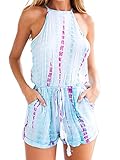 Choies Women's Light Blue Open Back Dip Dye Print Tie Waist Halter Romper Playsuit