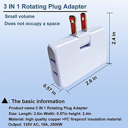 Flat Wall Plug,3 Way Flat Wall Outlet Extender AC Adapter2Prong