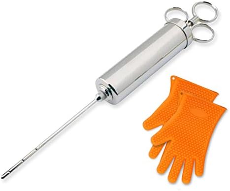Prestige Grills’ Marinade Meat Injector Kit Professional Stainless Steel with BONUS Heat-Resistant Silicone BBQ Gloves & Barbecue Grill Meats Thermometer - 3 Injectors Syringe Needles, 2oz barrel
