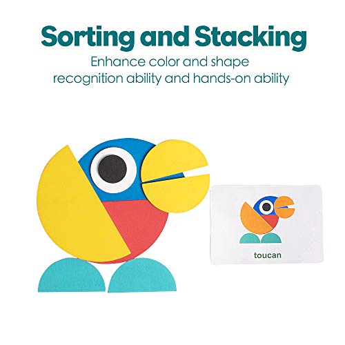 Wooden Pattern Blocks Tangram Shape Puzzle Set Color Sorting Stacking Game Wood Animal Jigsaw Preschool Montessori Brain Teaser STEM Gift for 3 4 5 Years Old Toddler Kid (60 Pattern Cards)